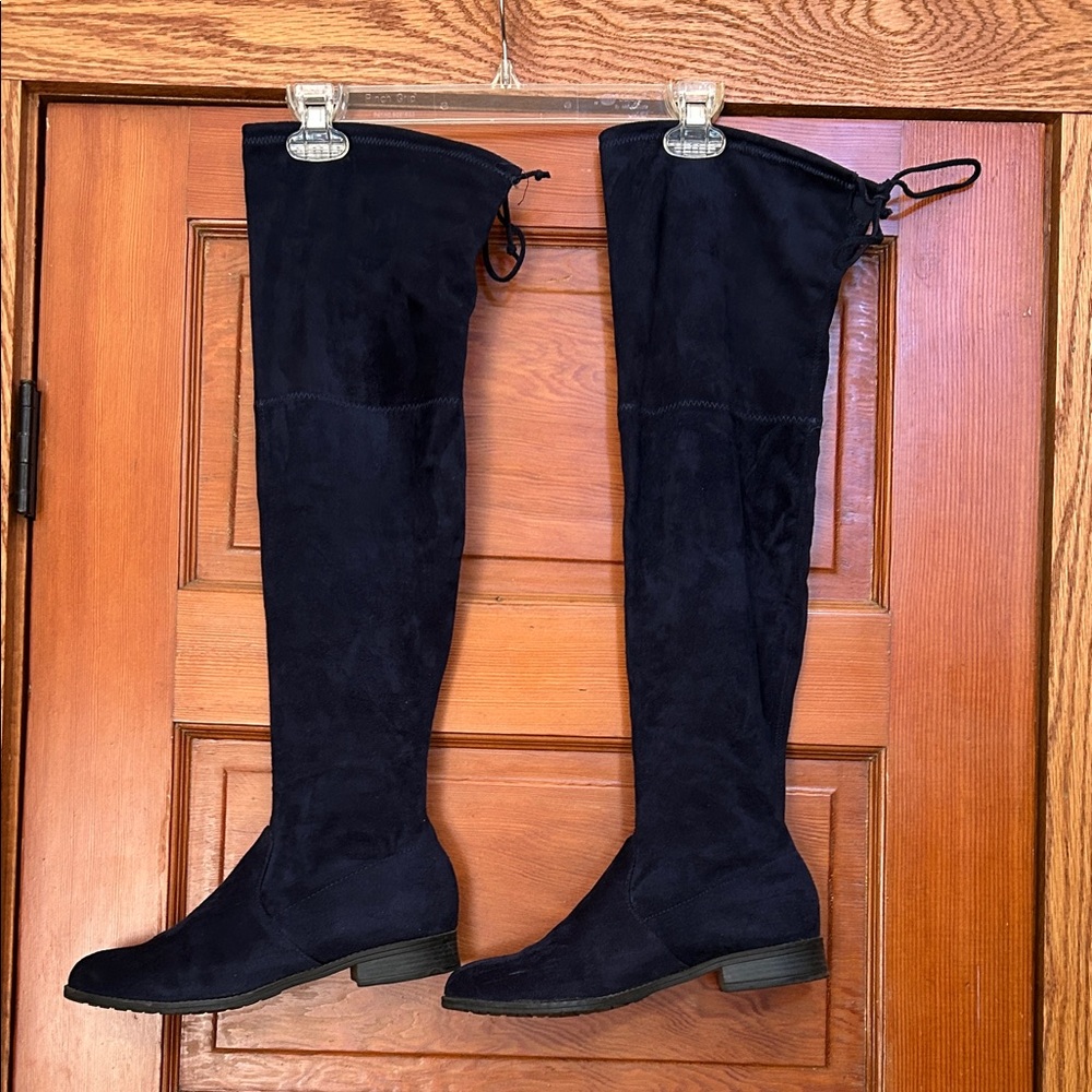 Navy Blue Faux Suede Over-the-Knee Heeled Boots